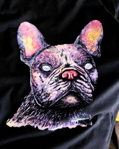 Zombie Alien Frenchie print on a black t-shirt