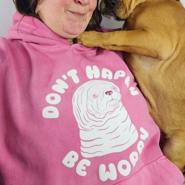 Don't Happy Be Worry Pullover Hoodie in Faded Rose