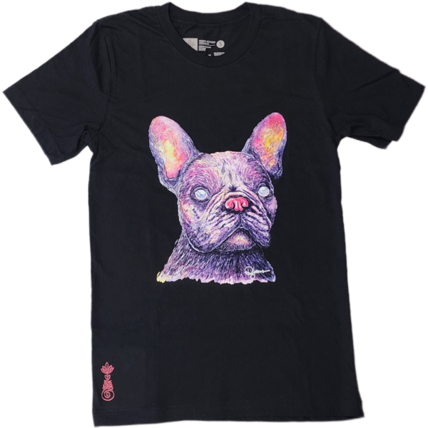 Zombie Alien Frenchie print on a black t-shirt